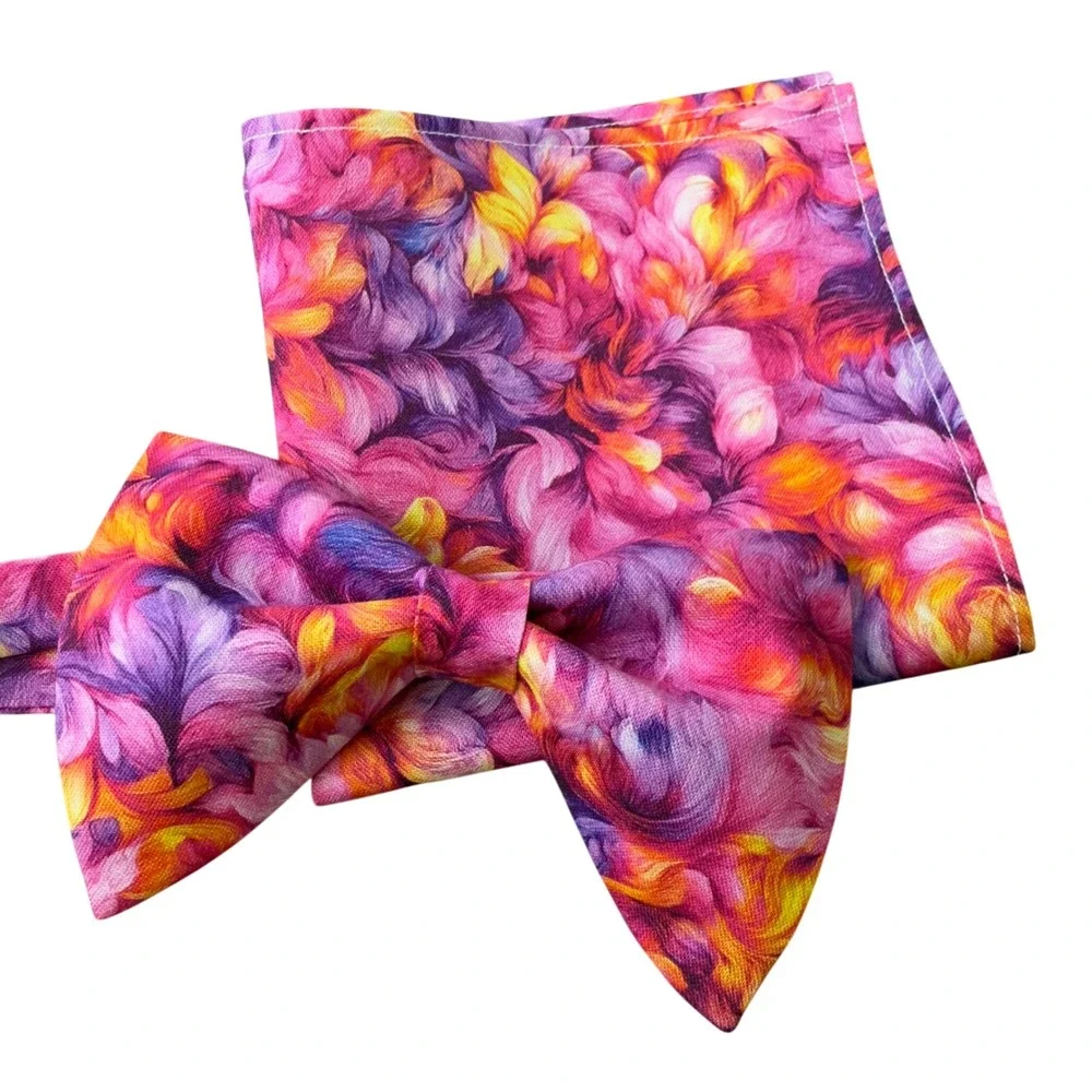 Abstract Floral Bow‎ Tie and Pocket Square Set Purple Pink Orange Formal